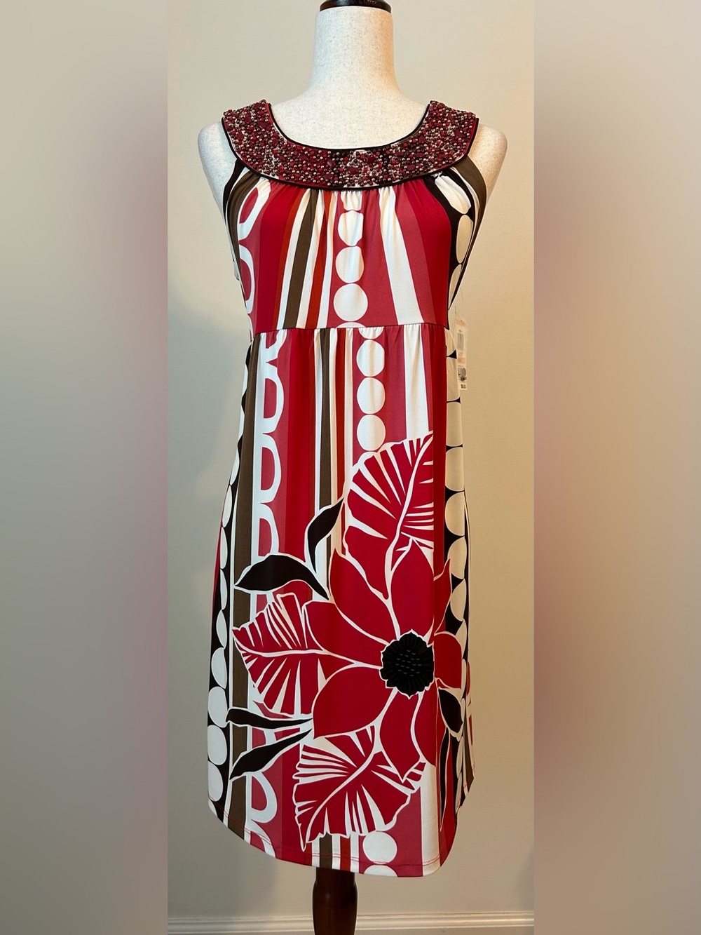 NWT Style & Co Red Floral Embellished Neck Fitted Dress Size Small